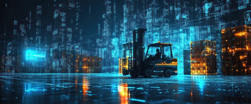 Futuristic forklift operating within a complex digital warehouse environment illuminated by neon lights