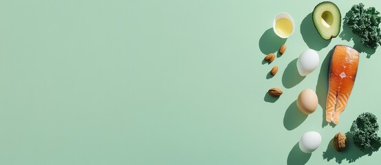 Healthy fats salmon, eggs, avocado, almonds. Green background. Diet concept