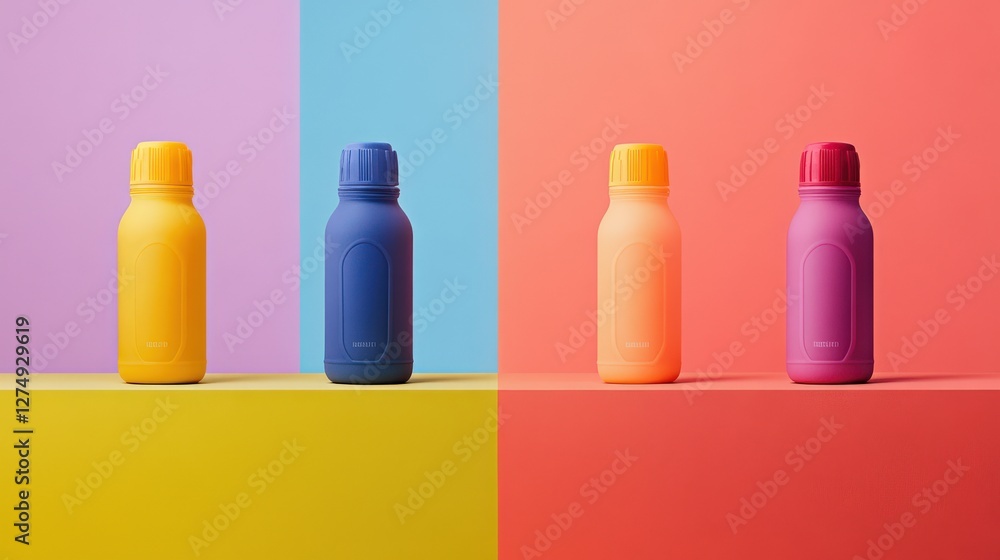 Poster Vibrant display of colorful reusable bottles on a split background showcasing modern design