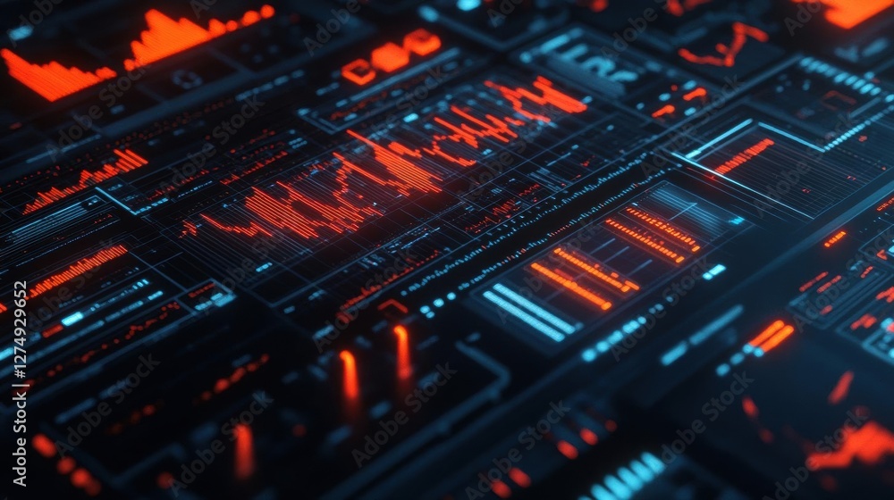 Poster futuristic digital interface: red and blue data visualization on a sleek black background