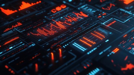 Futuristic Digital Interface: Red and Blue Data Visualization on a Sleek Black Background