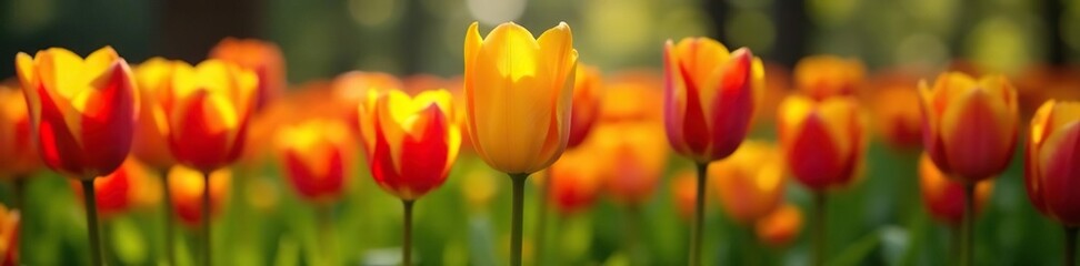 Yellow and red tulip blooms on a natural background with calathea majestica, red tulip, blooming, floral