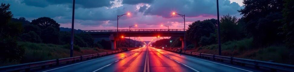 Fototapeta premium Empty city street at dusk with a single light on the flyover, dusk, light, city