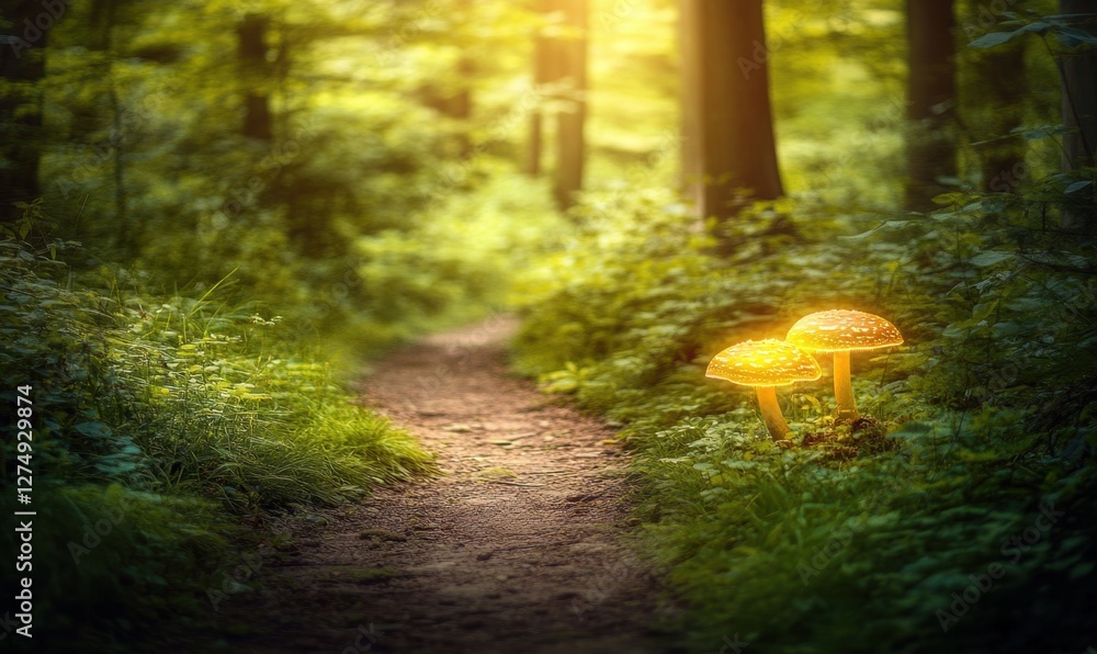 Poster enchanted forest path with glowing mushrooms amidst lush greenery and sunlight filtering through tre