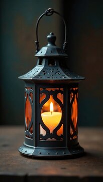 Intricately designed lantern with flickering candle on wooden surface, kleding, keramische, lamppen