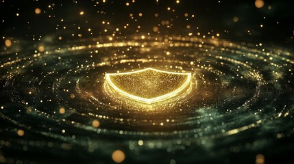 Obraz premium Glowing shield icon surrounded by digital particles, symbolizing robust data protection in a digital world.