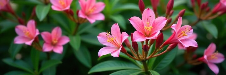 Fototapeta premium Delicate pink blooms of Alstroemeria in a lush bush on dark green foliage, spring, botanical
