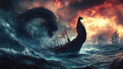 Viking longship faces a monstrous sea serpent amidst turbulent waters