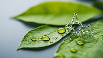 Molecular structure on leaves, water drops, nature background, eco-concept