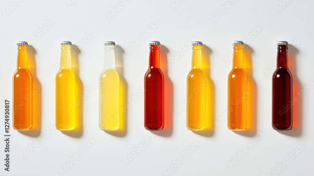 Poster a vibrant display of assorted beverage bottles in various colors arranged in a row on a white backgr