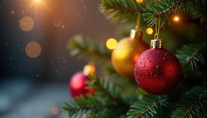 Red and yellow tinsel balls create a festive glow on a Christmas branch, cozy cabin feel, sparkly lights, red
