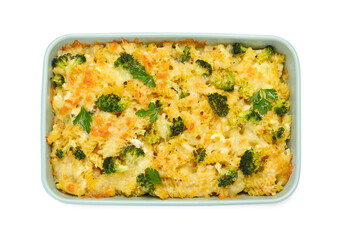 Tasty pasta casserole with cheese and broccoli in baking dish isolated on white, top view