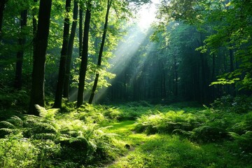 Obraz premium Sunbeams through Forest Path