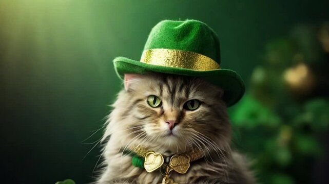cat wearing a tiny green hat and a shamrock collar, sitting on a pot of gold, pet dress for st Patrick's day	
