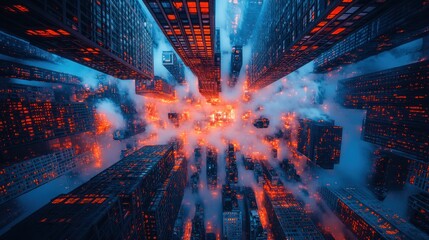 Aerial city fog, skyscrapers, night, lights, urban, fantasy, artwork, wallpaper