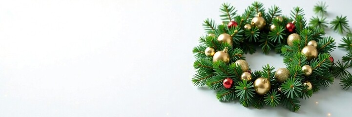 Evergreen fir wreath adorned with metallic balls on white background, Christmas decorations, evergreen, snowy