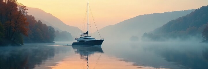 Fototapeta premium Yacht sailing through misty morning in autumn, fog, calm, peaceful