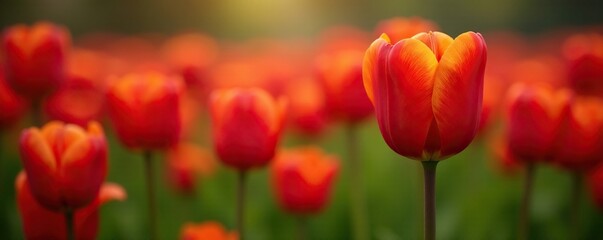 Dark red tulip stem with yellow petals in a field, bulbous plants, spring, red tulips