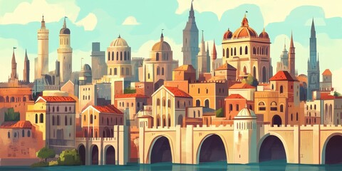 Beautiful cityscape illustration showcases architectural diversity and waterfront charm