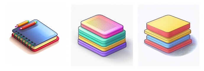 Three isometric icons depict a notebook with pencils and two stacks of colorful square shapes, representing digital interface elements.