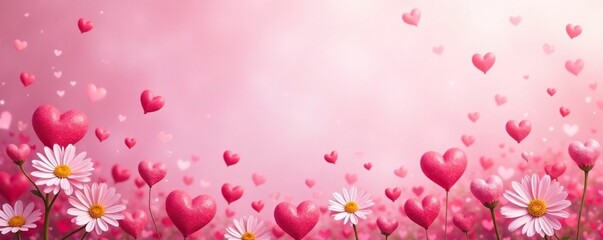 Soft pink background with scattered hearts and tiny flowers, sweet, garden