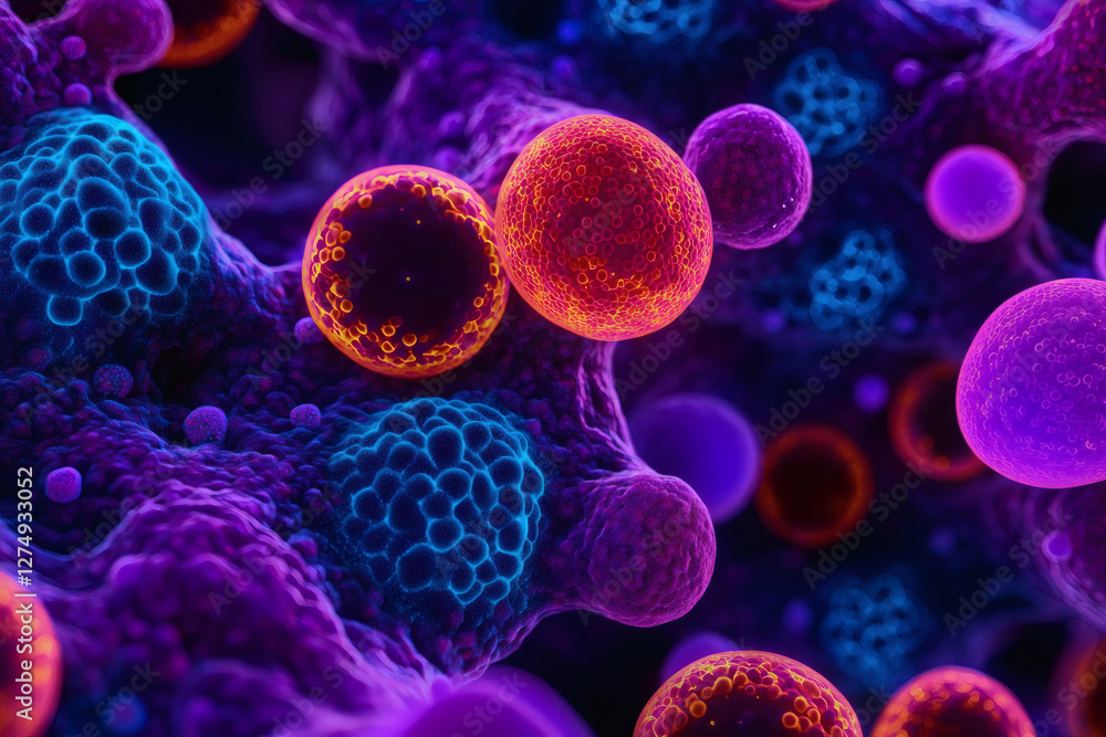 Poster intricate patterns of glowing cancer cells vibrant colors create mesmerizing view. dynamic interplay