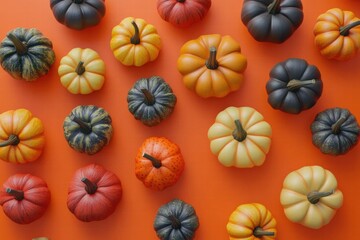 A Colorful Display of Pumpkins on a Vibrant Orange Background