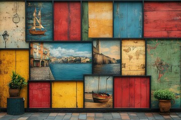 Colorful collage of vintage artwork depicting boats and landscapes along a waterfront
