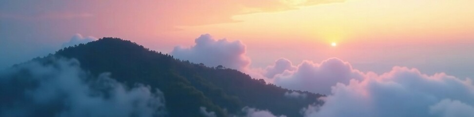Foggy hill shrouded in misty clouds with a hint of sunset color, serene, , cloud