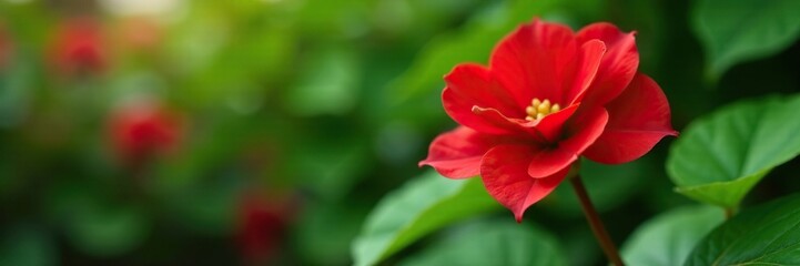 Obraz premium Red Begonia blooms on a sturdy stem amidst leafy greens, begonia, flowers