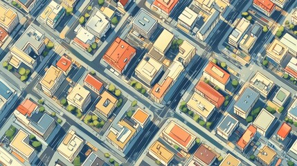 Fototapeta premium Aerial view depicts cartoon style buildings in a city