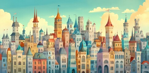 Obraz premium Colorful fairytale city landscape with diverse towers and buildings