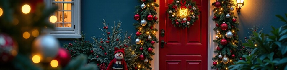 Festive Christmas door decorated with ornaments and flowers, holiday, christmas