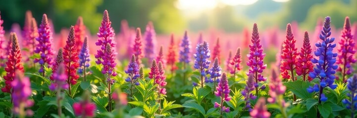 Obraz premium Field of Salvia flowers in different stages of bloom, field, blooms, flowers