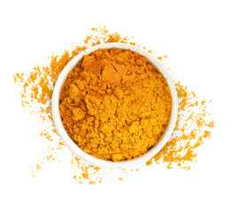 Turmeric powder isolated on white, top view. Aromatic spice