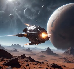 Futuristic spacecraft orbiting a distant planet ,  space,  cosmos,  astronomy