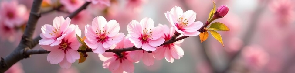 Fototapeta premium Delicate pink flowers bloom on peach tree branches, blossoming, delicate, spring