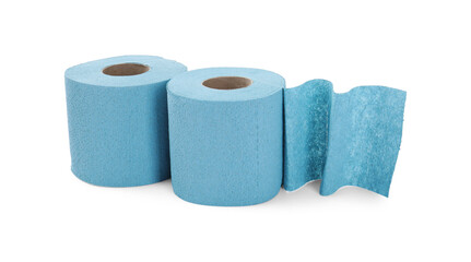 Light blue toilet paper rolls isolated on white