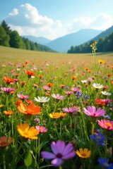Landscape with a field of wildflowers in bloom, open, scenery, flowers