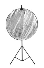 Stand with reflector isolated on white. Photo studio equipment