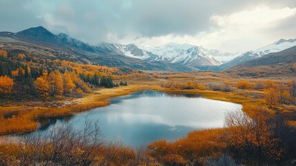 Autumnal Lake Nestled Among Majestic Snow Capped Mountains