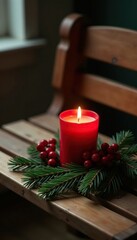 Red candle on a wooden bench with pine needle and berry arrangement, bench, cozy