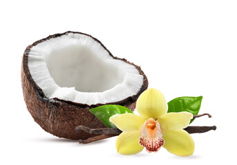 Coconut, vanilla pods and flower isolated on white