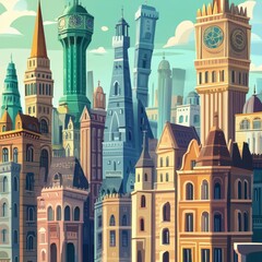 Naklejka premium Whimsical cartoon cityscape with various colorful and unique buildings
