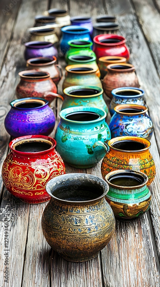 Aufkleber a vibrant array of colorful pots arranged neatly on a wooden surface, showcasing intricate designs a