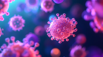 Obraz premium Stunning digital representation of cancer cells in vibrant colors, showcasing their intricate structure and complexity