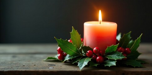 Wreath-shaped candle with holly leaves and berries, holiday, candle