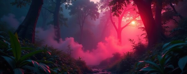 Red glowing mist swirls around a dense jungle at dawn, overgrown vegetation, mysterious aura