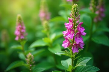 Large green Physostegia plant with many flowers and leaves, herb, physostegia flower, botanical