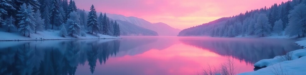 Fototapeta premium Soft pink embers glimmer in a serene winter lake, peaceful, serene lake